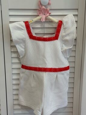 Janie and Jack White Quilted Romper with Red Trim
